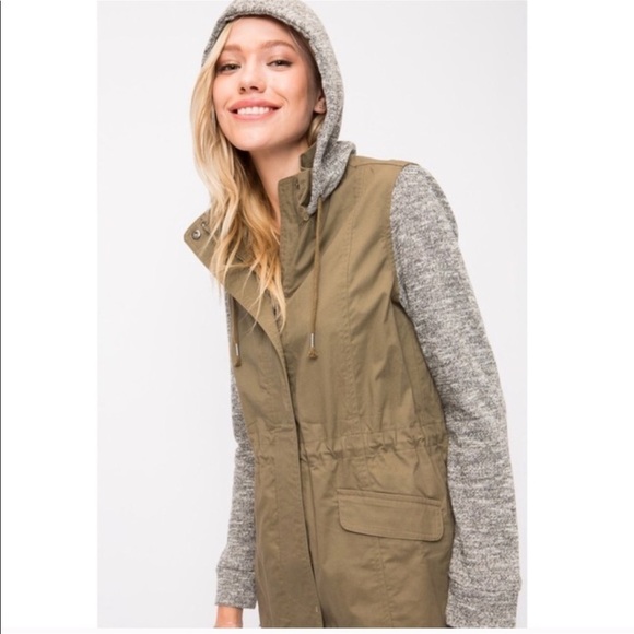 LOVE TREE Women’s Hooded Utility Jacket Green/Gray NWT - Picture 2 of 13